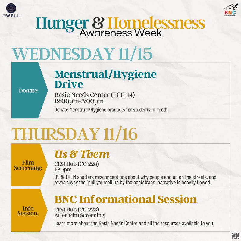 Schedule for Hunger & Homelessness Awareness Week, SBCC: The Well and Basic Needs Center: Wednesday 11/15 - Donate, Menstrual Hygiene Drive, Basic Needs Center (ECC-14), 12:00pm-3:00pm, Donate Menstrual/Hygiene products for students in need! Thursday 11/16 - Film Screening, Us & Them, CESJ Hub (CC-228) , 1:30pm. US & THEM shatters misconceptions about why people end up on the streets, and reveals why the "pull yourself up by the bootstraps" narrative is heavily flawed. Thursday 11/16 - Info Session, BNC Informational Session, CESJ Hub (CC-228), After Film Screening. Learn more about the Basic Needs Center and all the resources available to you!